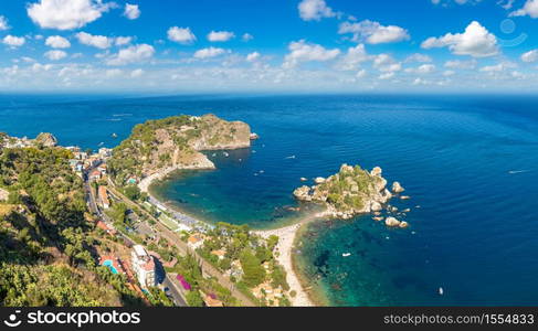 Panoramic aerial view of island Isola Bella in Taormina, Sicily, Italy in a beautiful summer day