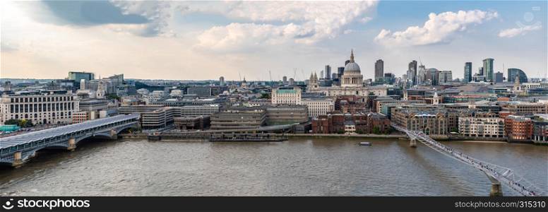 panoramic Aerial view of London St Paul's Cathedral with London Millennium Bridge in London England UK
