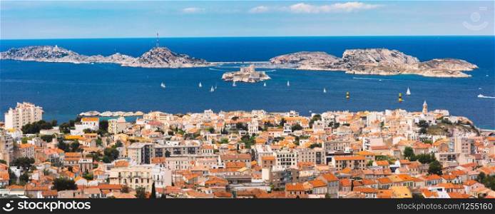 Panoramic aerial view of Marseilles skyline, islands and harbor, Marseille, the second largest city of France. Aerial view of Marseille, South France