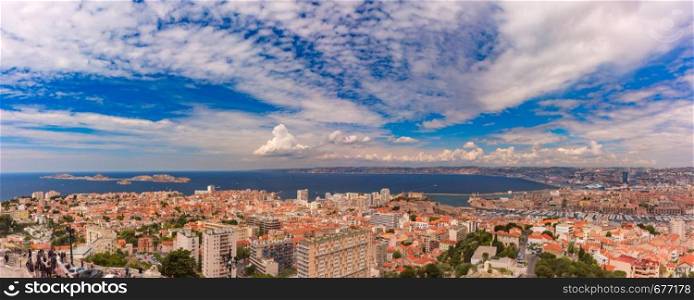 Panoramic aerial view of Marseilles skyline, islands and harbor, Marseille, the second largest city of France. Aerial view of Marseille, South France