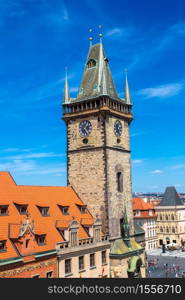 Panoramic aerial view of Old Town square and Clock Tower in Prague in a beautiful summer day, Czech Republic