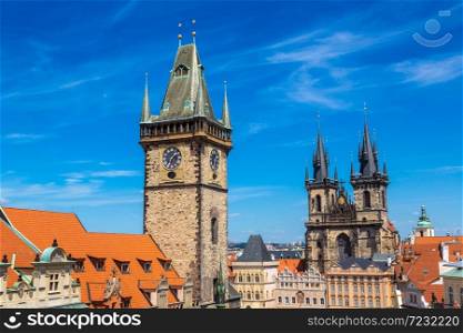 Panoramic aerial view of Old Town square and Clock Tower in Prague in a beautiful summer day, Czech Republic