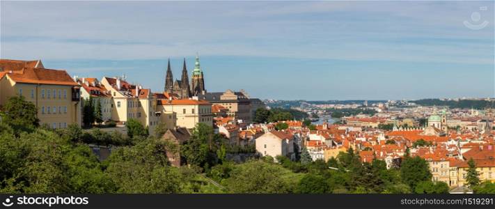 Panoramic aerial view of Old Town square in Prague in a beautiful summer day, Czech Republic