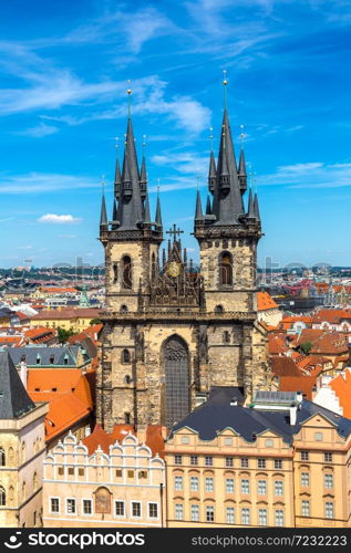 Panoramic aerial view of Old Town square in Prague in a beautiful summer day, Czech Republic