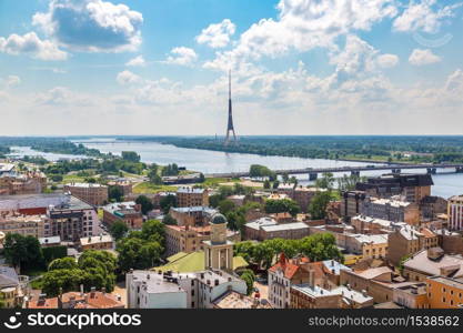 Panoramic aerial view of Riga and TV tower in a beautiful summer day, Latvia