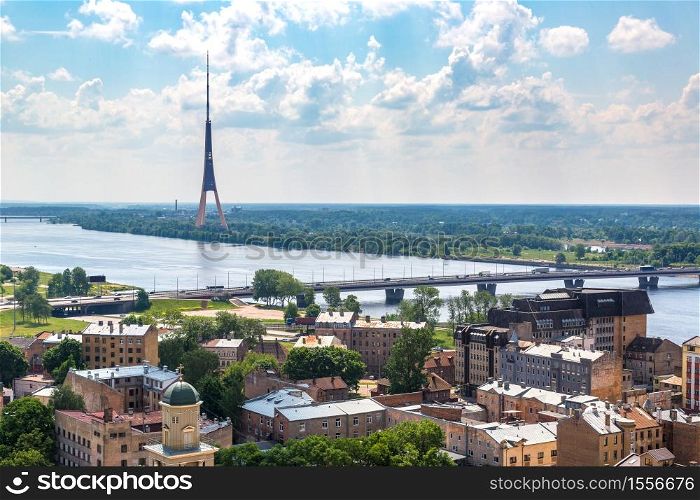 Panoramic aerial view of Riga and TV tower in a beautiful summer day, Latvia