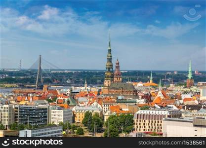 Panoramic aerial view of Riga in a beautiful summer day, Latvia