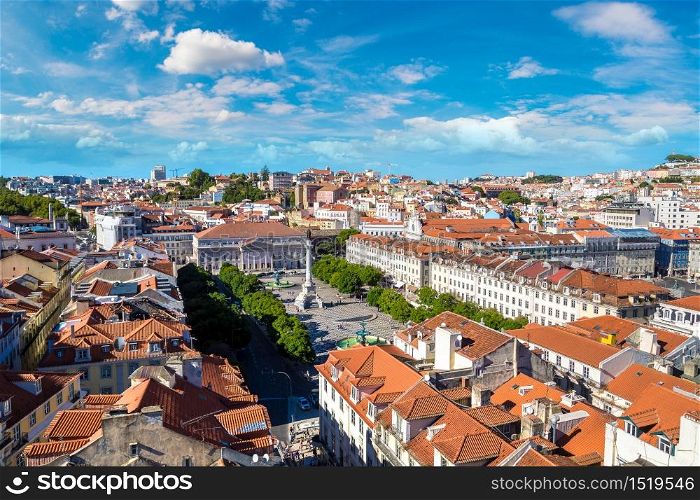 Panoramic aerial view of Rossio Square in Lisbon in a beautiful summer day, Portugal