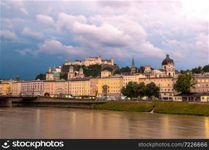 Panoramic aerial view of Salzburg Cathedral, Austria in a beautiful night