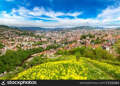 Panoramic aerial view of Sarajevo in a beautiful summer day, Bosnia and Herzegovina