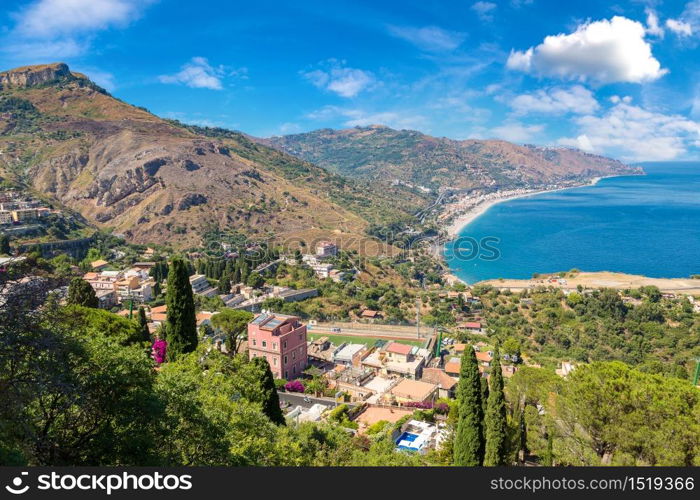 Panoramic aerial view of Taormina in Sicily, Italy in a beautiful summer day