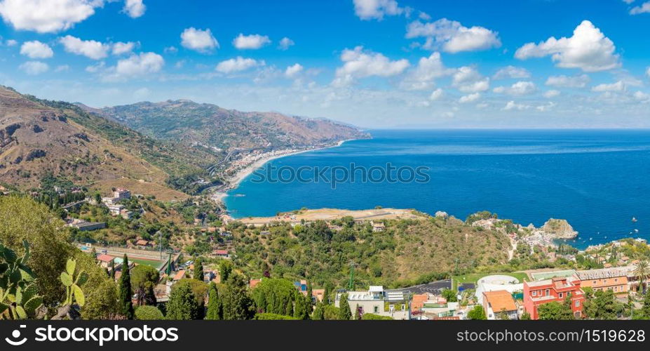 Panoramic aerial view of Taormina in Sicily, Italy in a beautiful summer day