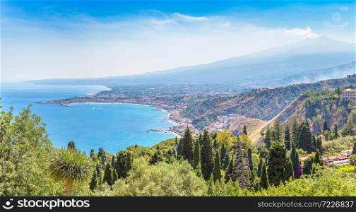 Panoramic aerial view of Taormina in Sicily, Italy in a beautiful summer day