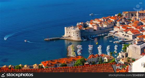 Panoramic aerial view of The Old Harbour and Fort St Ivana in Dubrovnik, Croatia. Old Harbor of Dubrovnik, Croatia