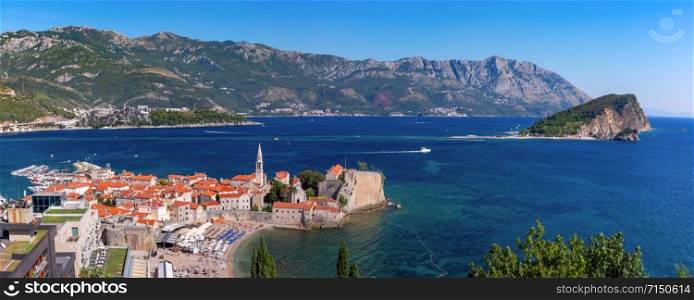Panoramic aerial view of The Old Town of Montenegrin town Budva on the Adriatic Sea, Montenegro. Old Town of Budva, Montenegro
