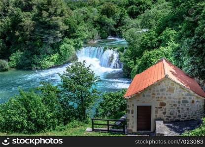 Panoramic Aerial View of waterfall in Krka National Park ,one of the Croatian national parks in Sibenik,Croatia.. Krka National Park in Sibenik,Croatia