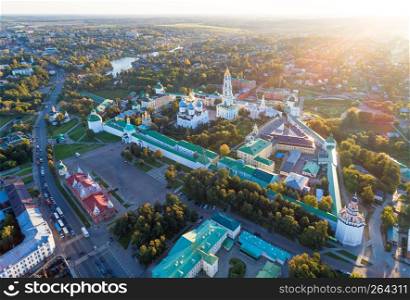 Panoramic aerial view on Trinity St. Sergy Monastery at autumn sunset. Sergiev Posad, Russia