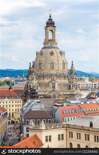 Panoramic and aerial view of  Dresden and Frauenkirche church in summer day
