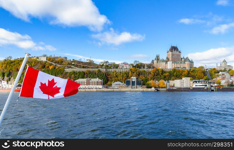 Panoramic autumn view of Old Quebec City waterfront and Upper Town from Saint-Lawrence River in Quebec, Canada