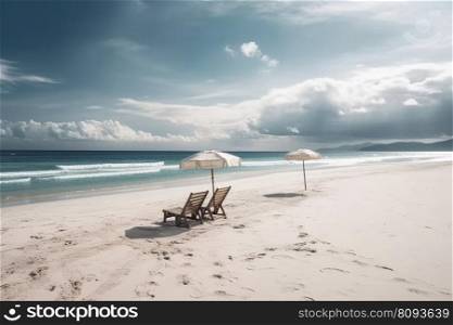 Panoramic beach paradise. Couple chairs beds with umbrella  created by generative AI
