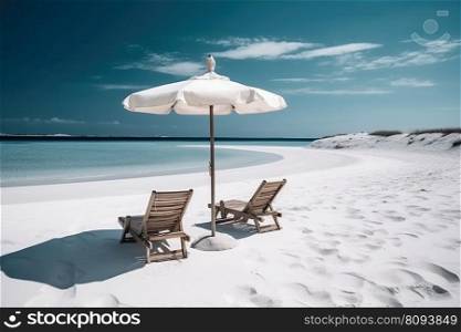 Panoramic beach paradise. Couple chairs beds with umbrella  created by generative AI