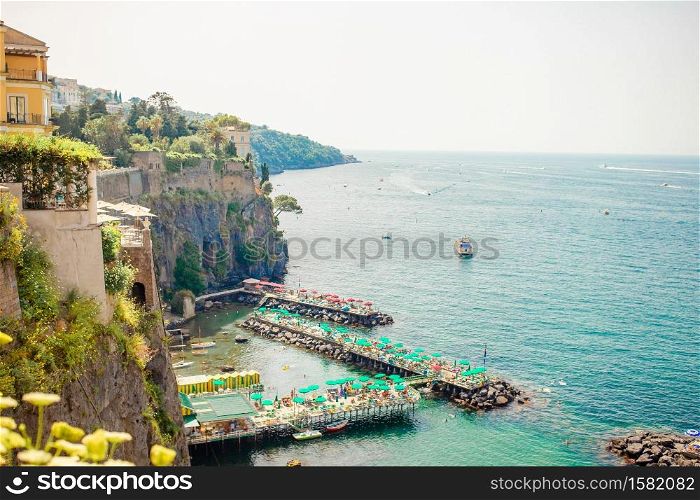Panoramic beautiful aerial view of Sorrento, the Amalfi Coast in Italy in a beautiful summer day. Aerial view of Sorrento city, Amalfi coast, Italy