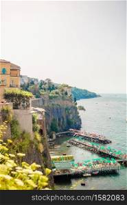 Panoramic beautiful aerial view of Sorrento, the Amalfi Coast in Italy in a beautiful summer day. Aerial view of Sorrento city, Amalfi coast, Italy