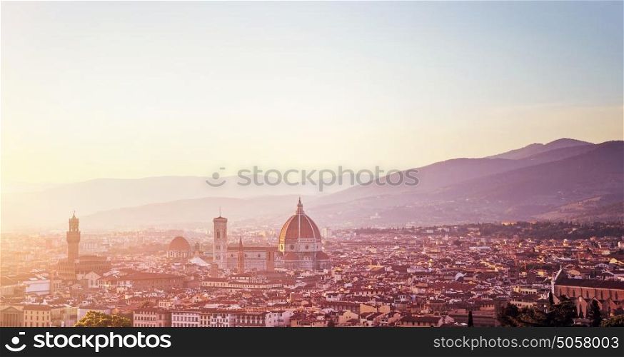 Panoramic cityscape, Cathedral Saint Mary of the Flower on sunset, Basilica di Santa Maria del Fiore in Tuscany Florence, Italy, Europe, amazing ancient sightseeing