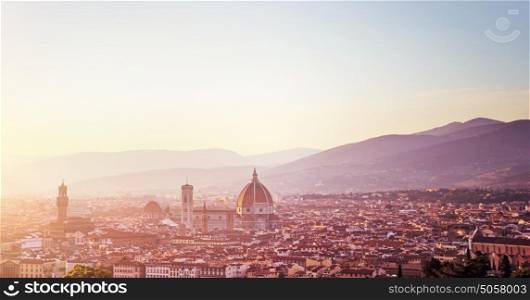 Panoramic cityscape, Cathedral Saint Mary of the Flower on sunset, Basilica di Santa Maria del Fiore in Tuscany Florence, Italy, Europe, amazing ancient sightseeing