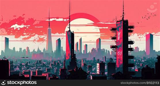 Panoramic cityscape in cyberpunk futuristic style. Towering skyscrapers in neon retrowave colors. Generative AI. . Panoramic cityscape in cyberpunk futuristic style. Towering skyscrapers in neon retrowave colors. Generative AI 