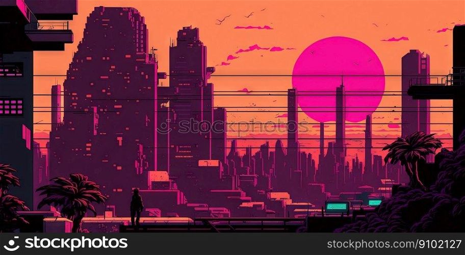 Panoramic cityscape in cyberpunk futuristic style. Towering skyscrapers in neon retrowave colors. Generative AI. . Panoramic cityscape in cyberpunk futuristic style. Towering skyscrapers in neon retrowave colors. Generative AI 