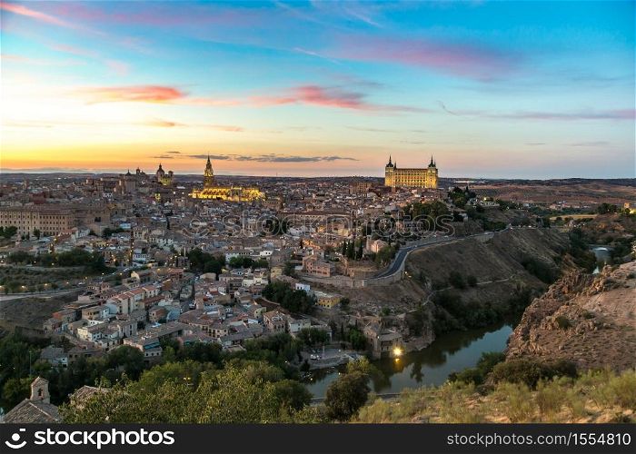 Panoramic cityscape of Toledo, Spain in a beautiful summer night