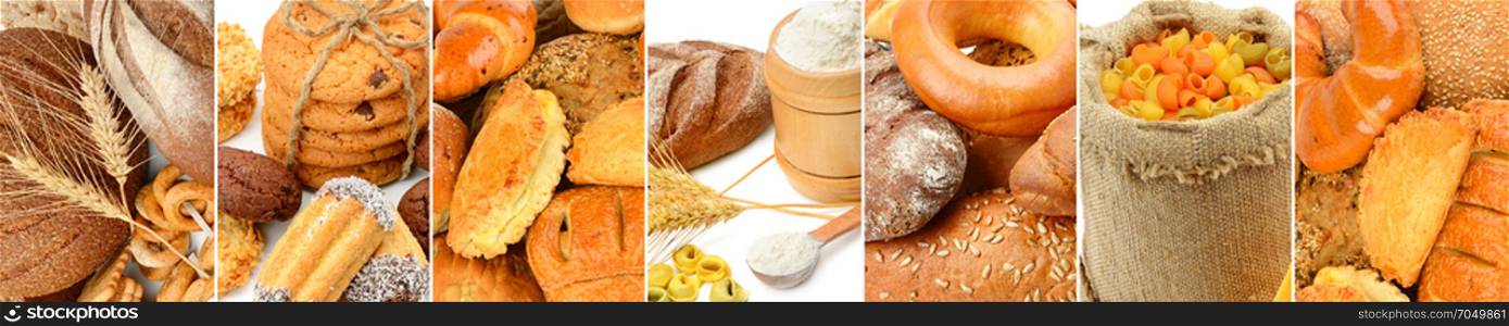 Panoramic collage set of bread products. Wide photo.