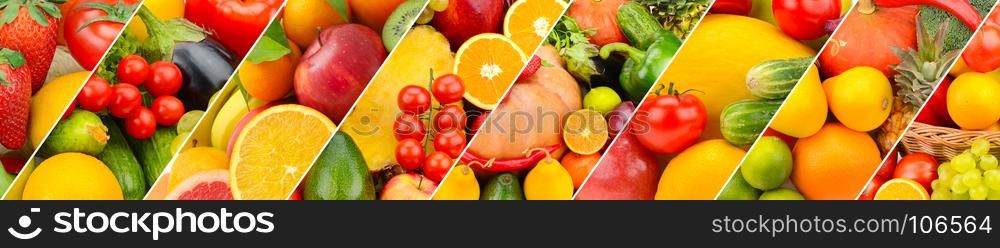 Panoramic collection fresh fruits and vegetables background. Collage. Wide photo .