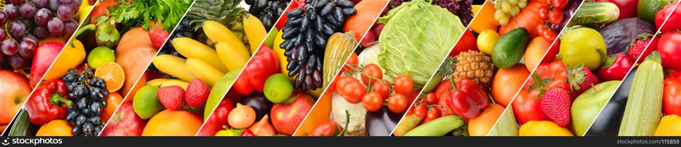 Panoramic collection fresh fruits and vegetables background. Collage. Wide photo .