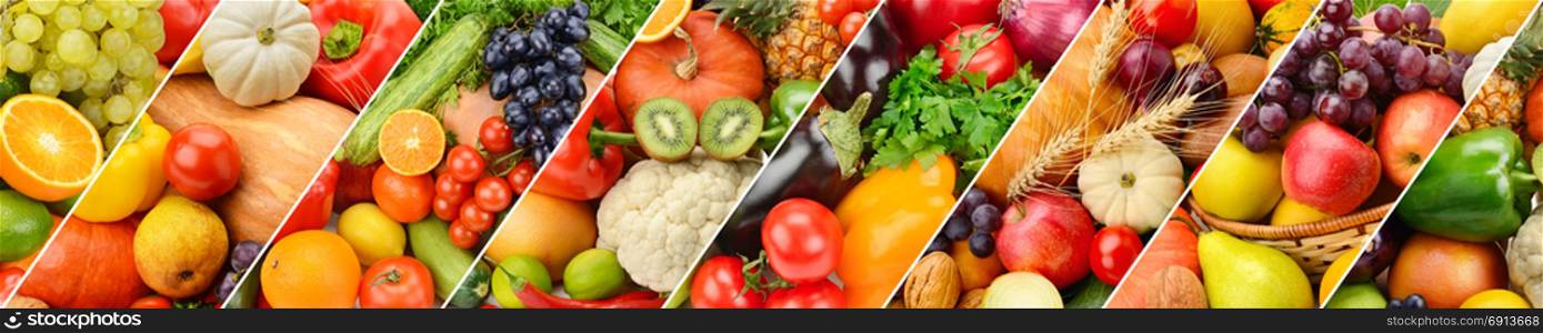 Panoramic collection fresh fruits and vegetables background. Wide photo .