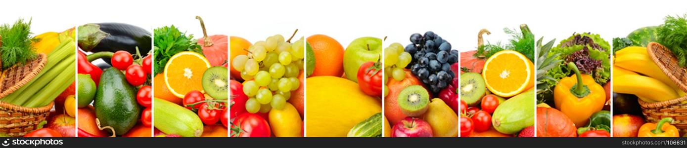Panoramic collection fresh fruits and vegetables isolated on white background. Wide photo with free space for text.