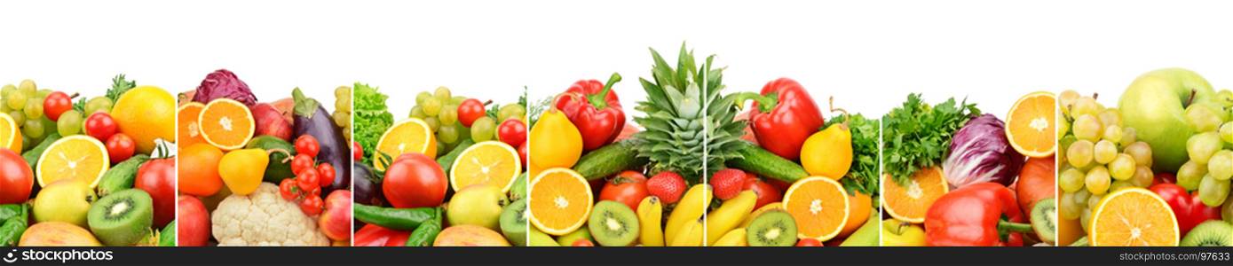 Panoramic collection fresh fruits and vegetables isolated on white background. Wide photo with free space for text.