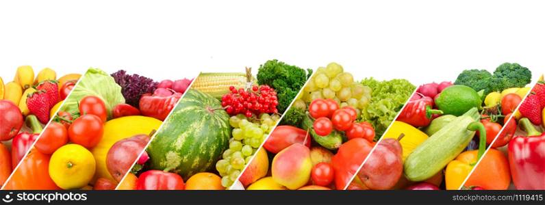 Panoramic collection fresh fruits and vegetables isolated on white background. Collage. Wide photo . Free space for text.