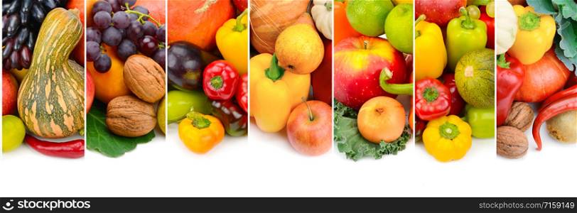Panoramic collection fresh fruits and vegetables isolated on white background. Collage. Wide photo . Free space for text.