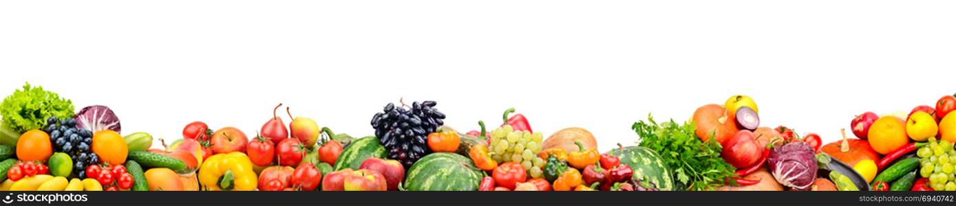 Panoramic collection fresh fruits and vegetables isolated on white background. Free space for text.
