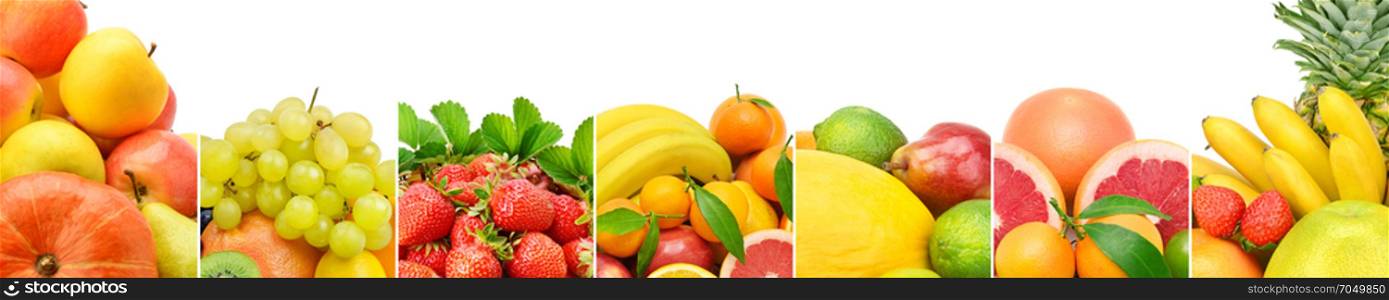 Panoramic collection fresh fruits isolated on white background. Wide photo with free space for text.