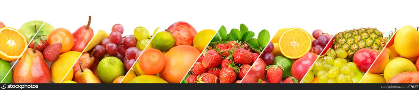 Panoramic collection fresh fruits isolated on white background. Wide photo with free space for text.