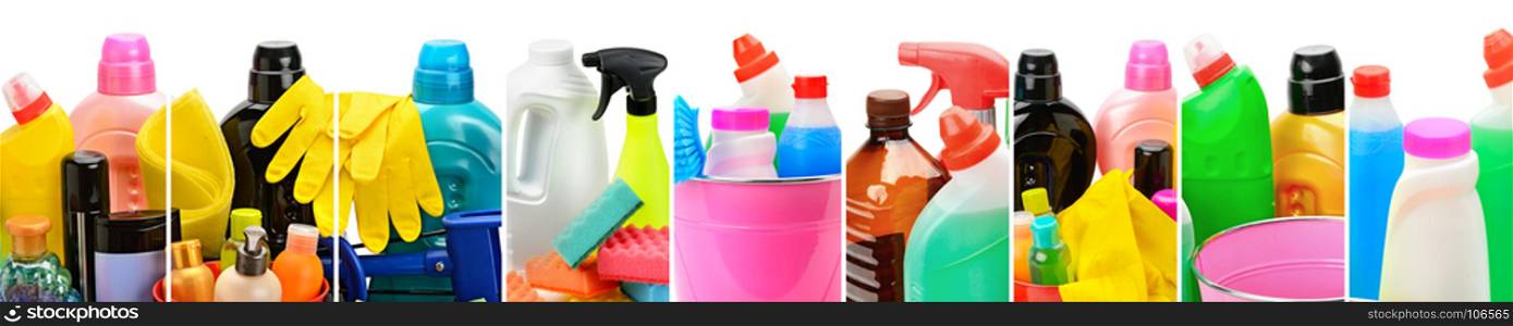 Panoramic collection of household chemicals for cleaning isolated on white background. Collage.Wide photo.