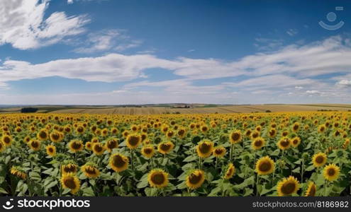 Panoramic field of sunflowers with blue sky on sunny day. Generative AI.. Panoramic field of sunflowers with blue sky on sunny day. Generative AI