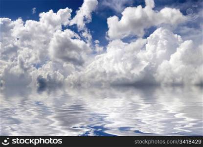 Panoramic horizon with reflection of clouds on the water