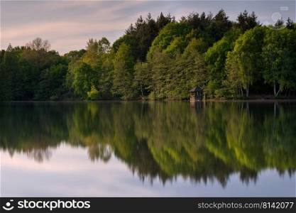 Panoramic image of beautiful and idyllic Bensberg Lake, Bergisch Gladbach, Germany
