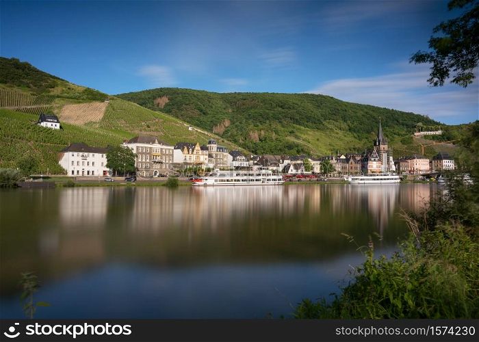 Panoramic image of Bernkastel close to the Moselle river at sunset, Germany