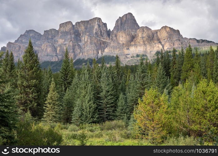 Panoramic image of Castle Mountain under cloudy sky, Bow Valley Parkway, Banff National Park, Alberta, Canada