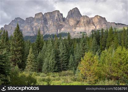 Panoramic image of Castle Mountain under cloudy sky, Bow Valley Parkway, Banff National Park, Alberta, Canada